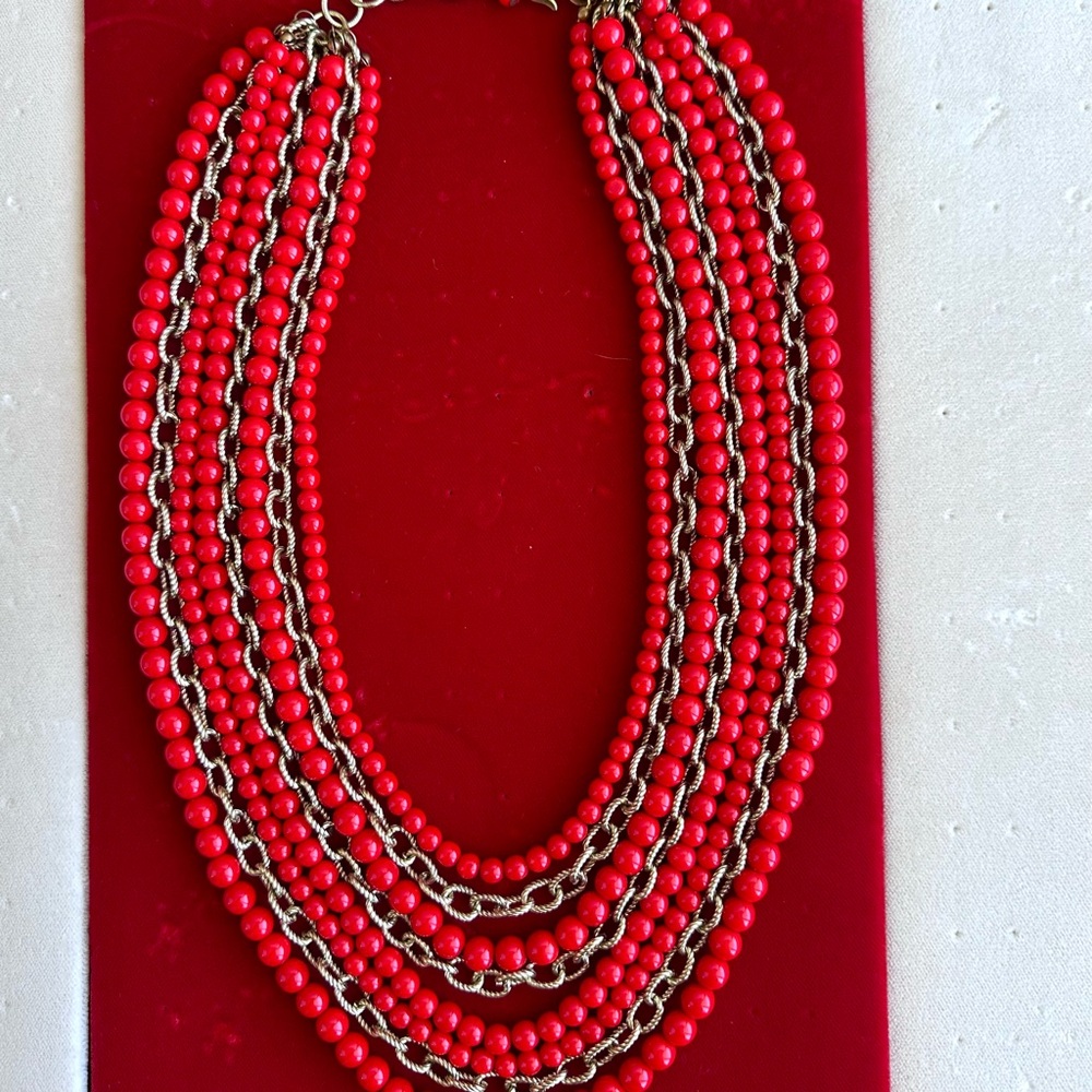Kenneth Jay Lane Vibrant Red Multi-Strand Coral and 18K Gold Chain Necklace